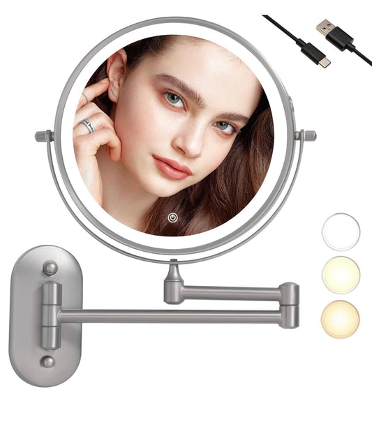 TUSHENGTU 8" Wall Mounted Makeup Vanity Mirror with Lights | 10X Magnifying Bathroom Shaving Mirror, Rechargeable LED, Nickel Finish