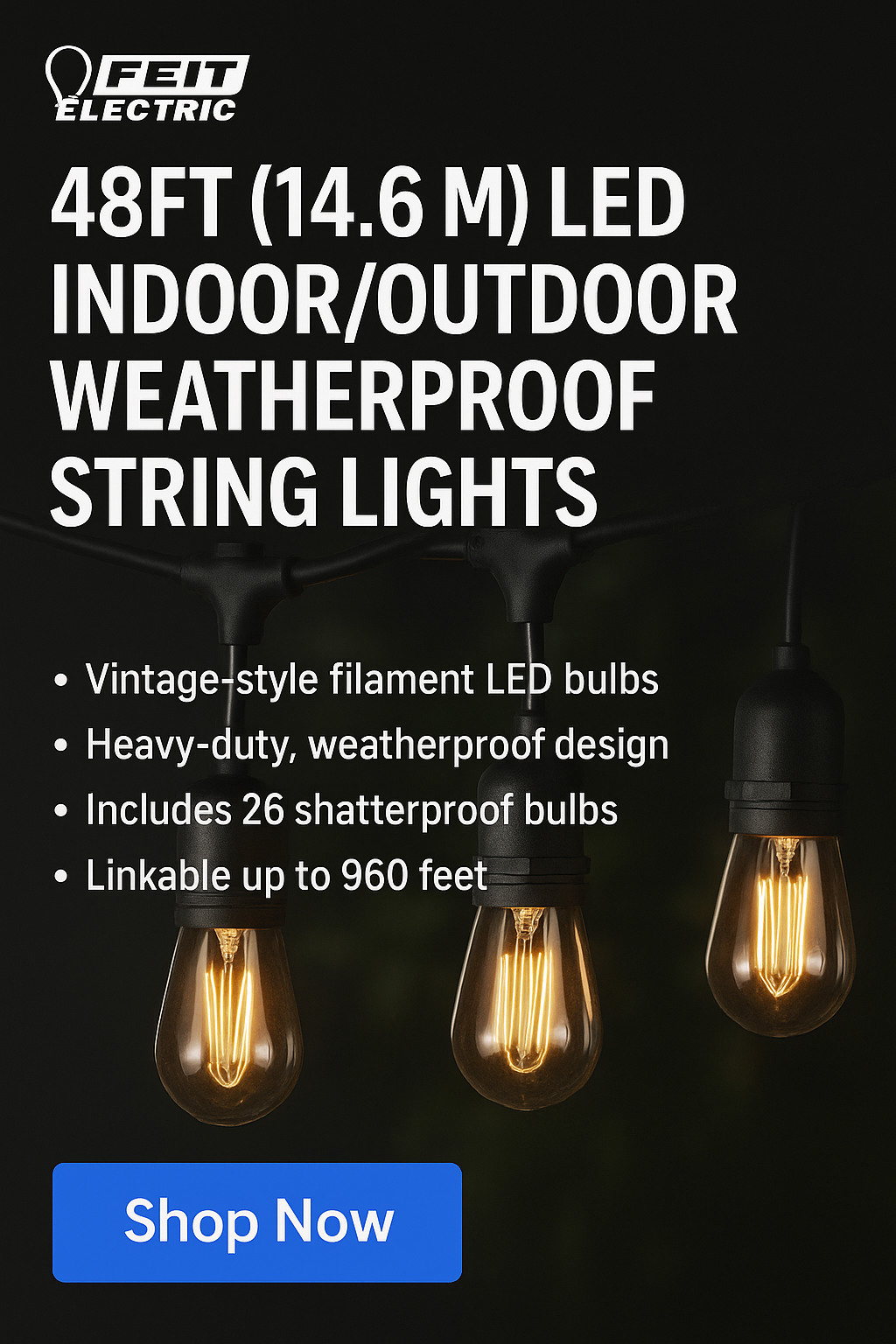 FEIT 48FT (14.6M) LED Indoor/Outdoor String Lights – Weatherproof, Connectable & Shatter-Resistant