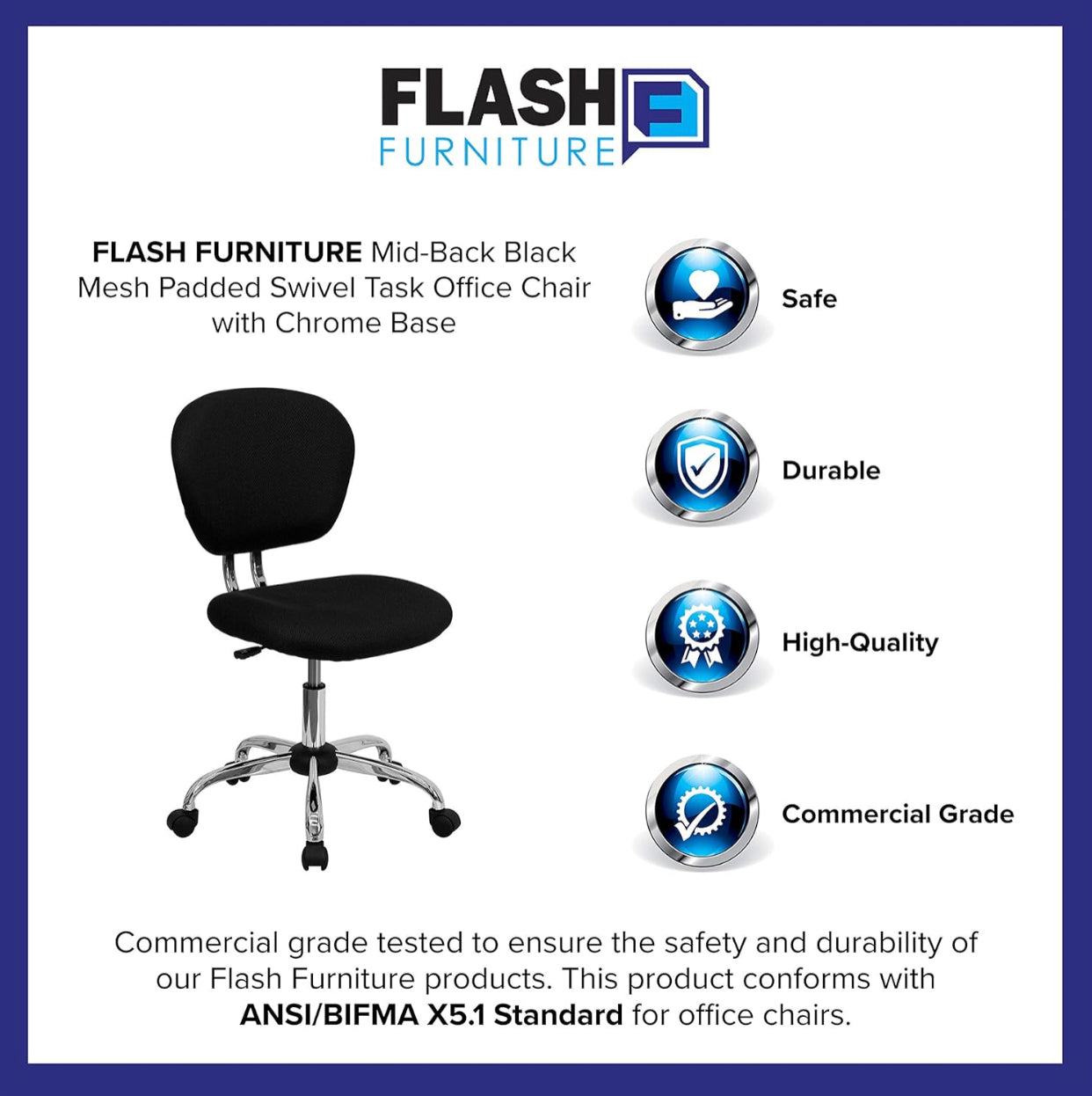 Flash Furniture Mid-Back Mesh Swivel Task Chair – Black Ergonomic Office Chair with Chrome Base & Breathable Mesh Back