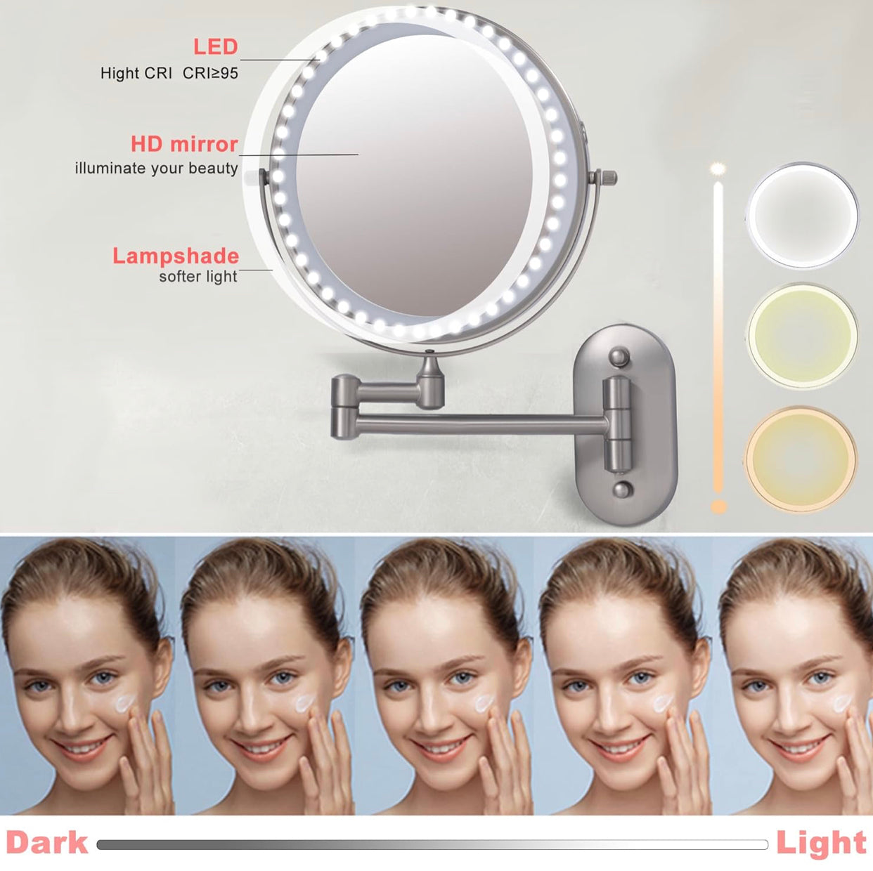 TUSHENGTU 8" Wall Mounted Makeup Vanity Mirror with Lights | 10X Magnifying Bathroom Shaving Mirror, Rechargeable LED, Nickel Finish