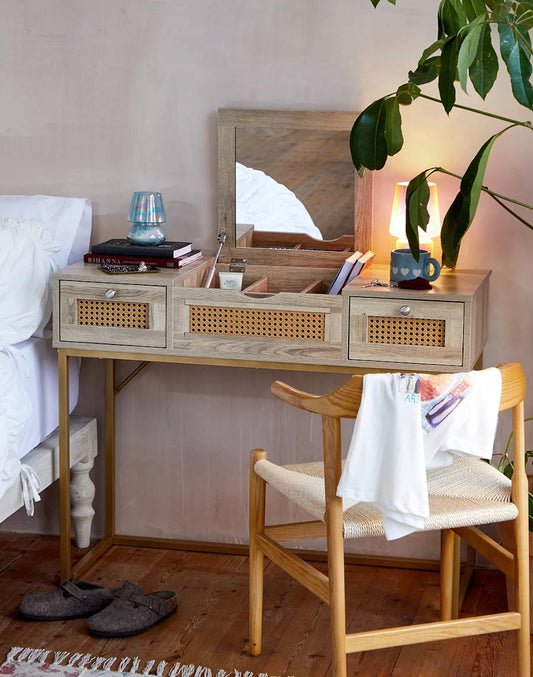 Lily Rattan Dressing Table – Boho Wooden Vanity Desk with Mirror & Storage Drawers – Cheapest Price in UK