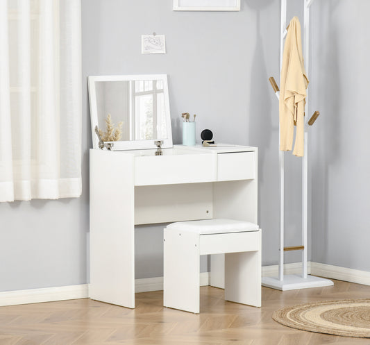 Modern White Vanity Table with Flip-Up Mirror & Stool – Makeup Desk with Drawer