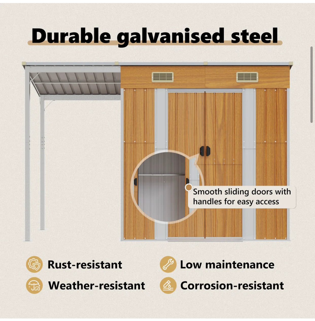 Broghin Garden Shed with Extended Roof – Galvanised Steel Outdoor Storage Shed