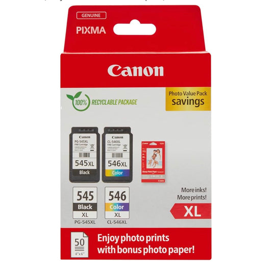 Canon PG-545XL & CL-546XL High Yield Ink Cartridge Value Pack + 50 Sheets Glossy Photo Paper