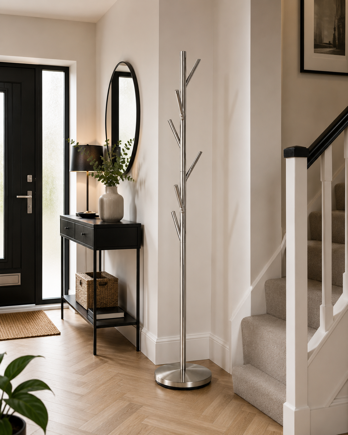 Adesso Evergreen 6 hook brushed steel freestanding coat rack in a modern hallway