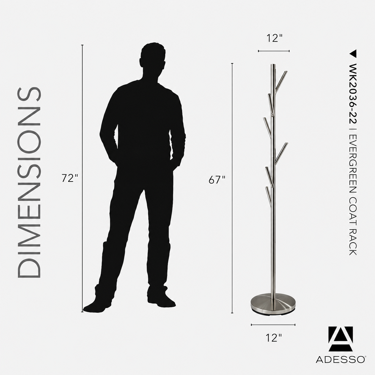 A dimension diagram showing a silver branch-style coat rack next to a black human silhouette for scale. The image includes measurements: the person is 72 inches tall, the coat rack is 67 inches tall with 12-inch branch and base dimensions, and the Adesso brand logo appears at the bottom right.