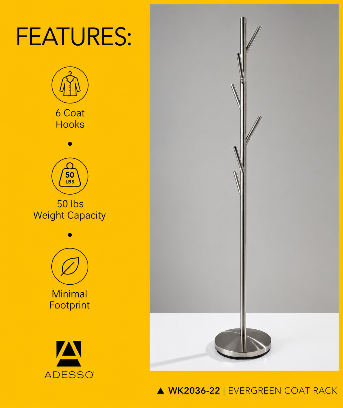 Adesso Evergreen 6 hook brushed steel coat rack showing key features including 50lb capacity and compact design
