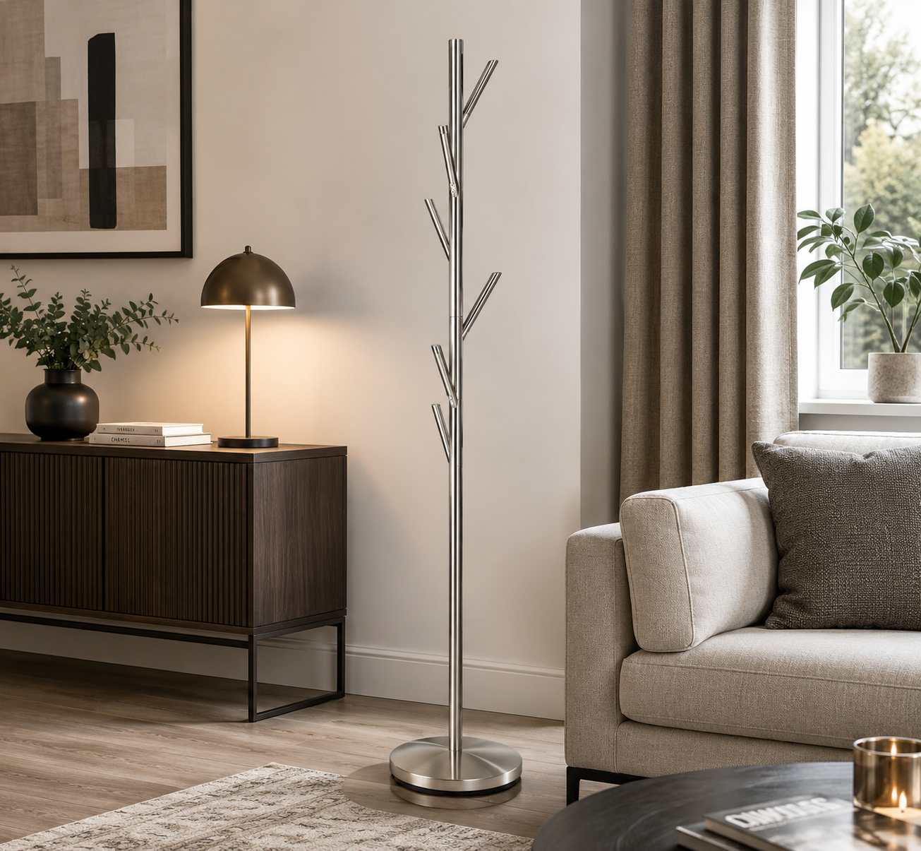 Adesso Evergreen brushed steel 6 hook freestanding coat rack in a modern living room