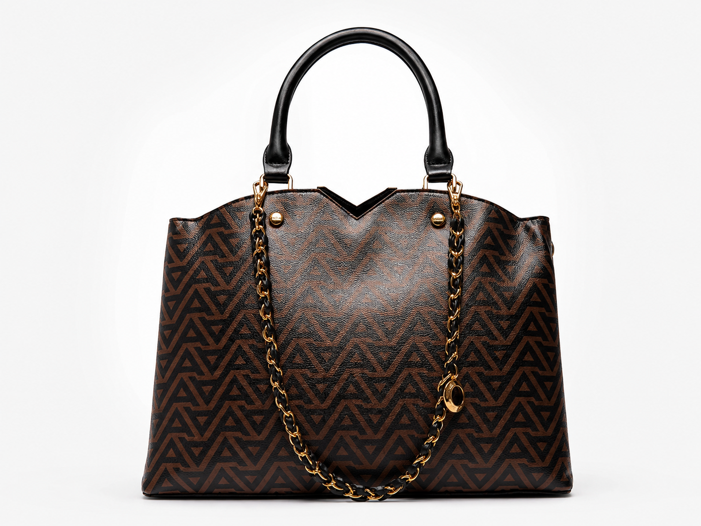 ALDO Viviana women's brown patterned tote bag with black handles, gold chain detail and spacious everyday shoulder bag design.