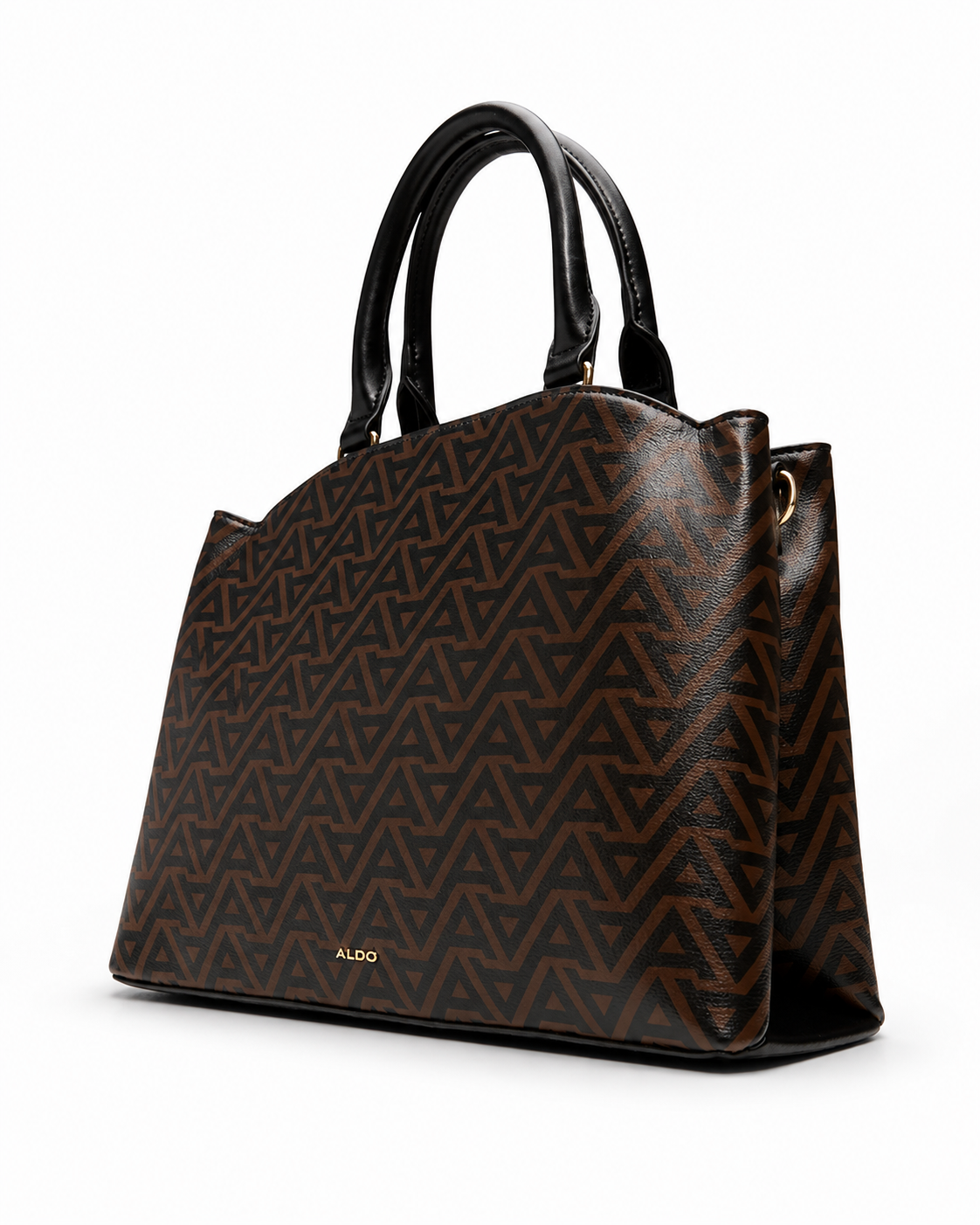 Side angle view of the ALDO Viviana women's brown patterned tote bag with black shoulder handles, spacious interior and premium everyday design.
