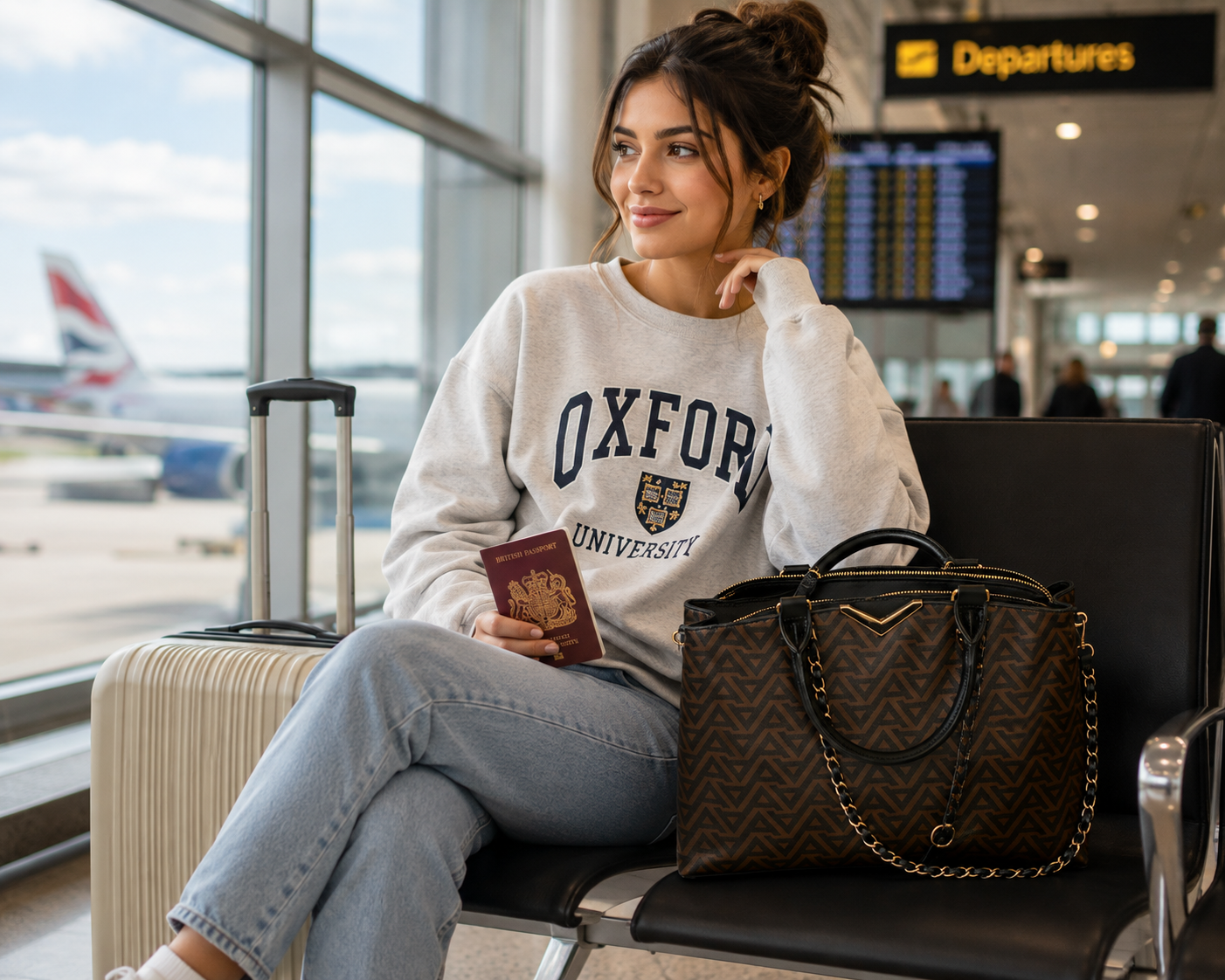 Woman waiting at an airport with the ALDO Viviana brown patterned tote bag, perfect for flights, business trips, holidays and everyday travel essentials.