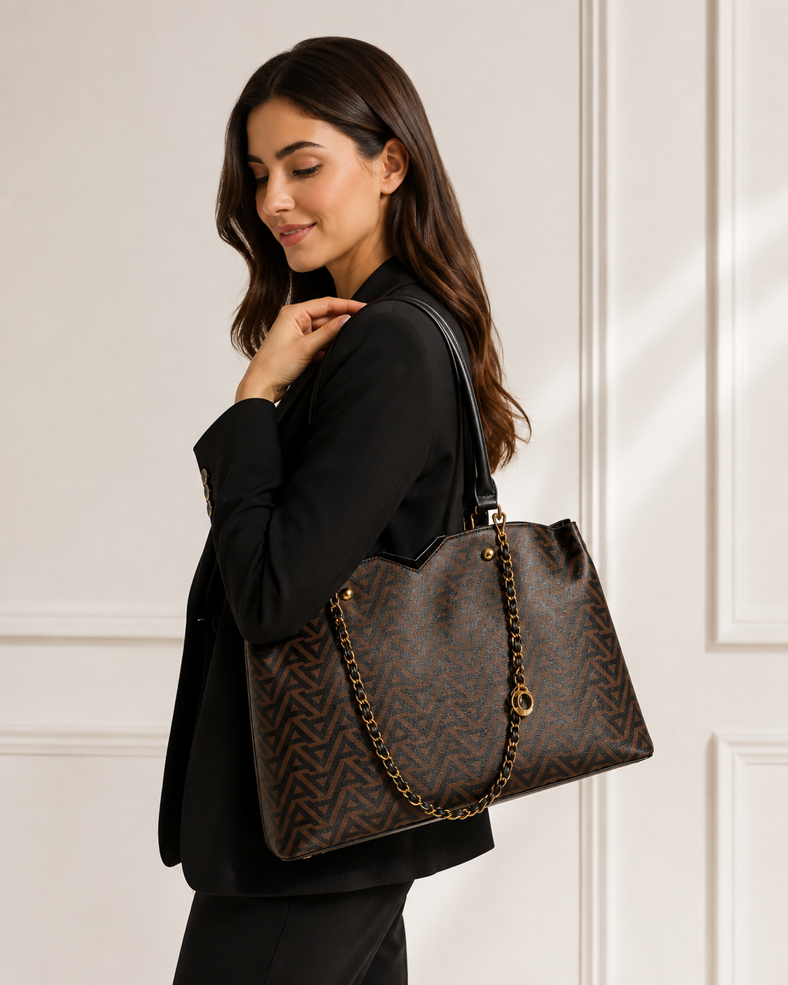 Woman carrying the ALDO Viviana brown patterned tote bag with black handles and gold chain detail, styled for a smart casual everyday look.
