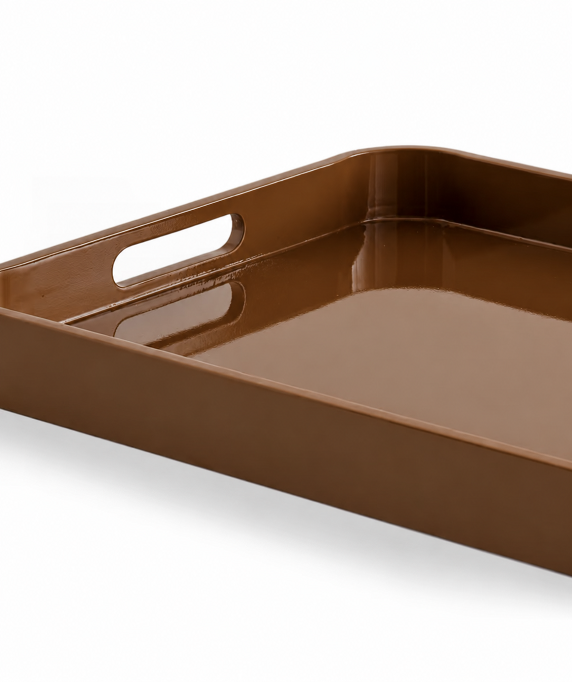 Close-up of the AM.PM Barniz khaki lacquered serving tray, showing its glossy finish, raised edge and cut-out handle.
