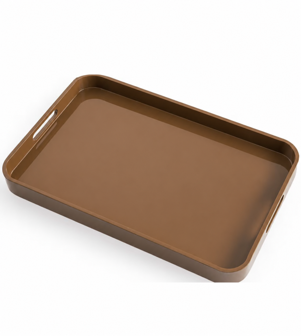 AM.PM Barniz large khaki lacquered serving tray with two handles, 60 x 38cm, photographed on a white background.
