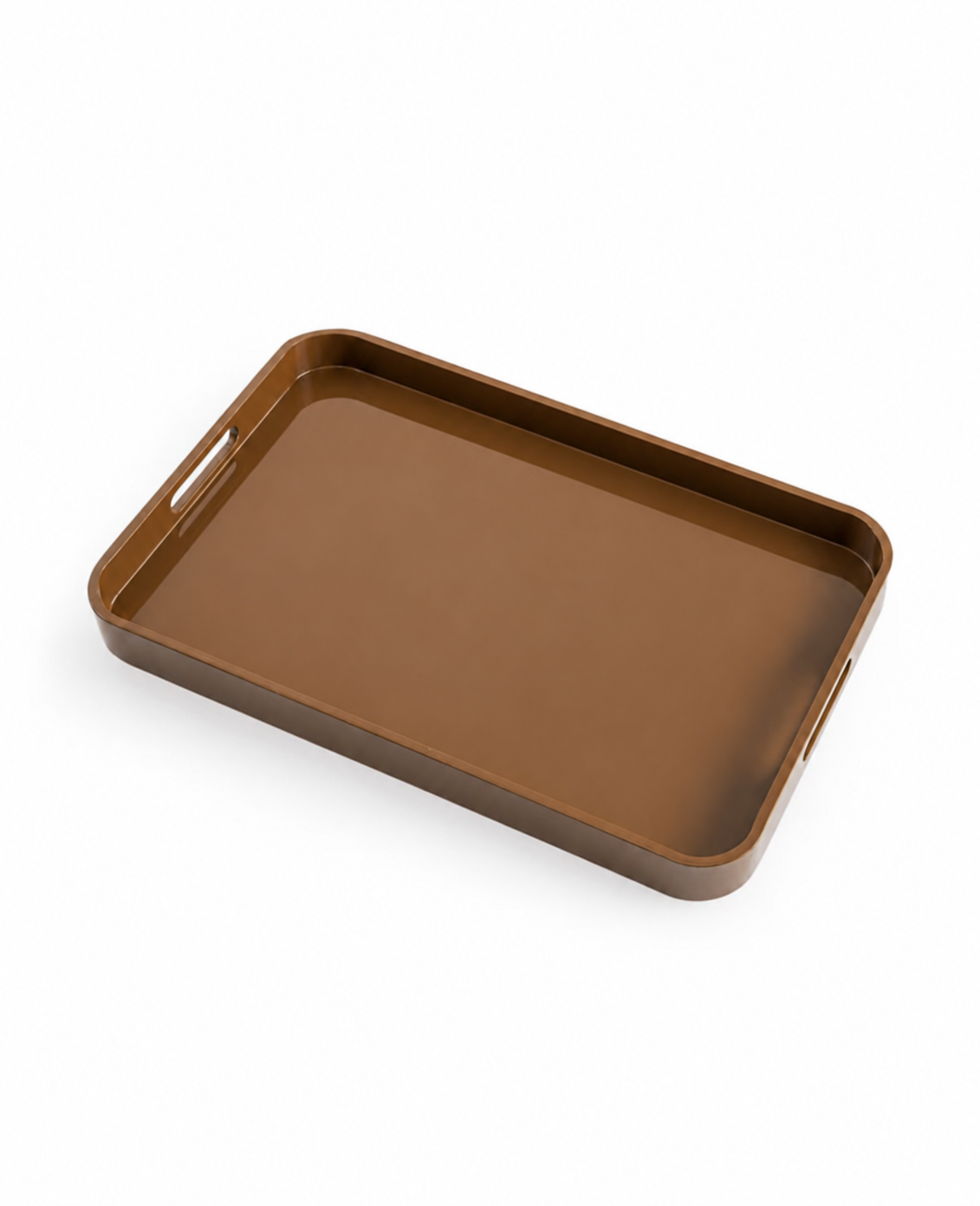 Angled view of the AM.PM Barniz large khaki lacquered serving tray with two cut-out handles on a white background.
