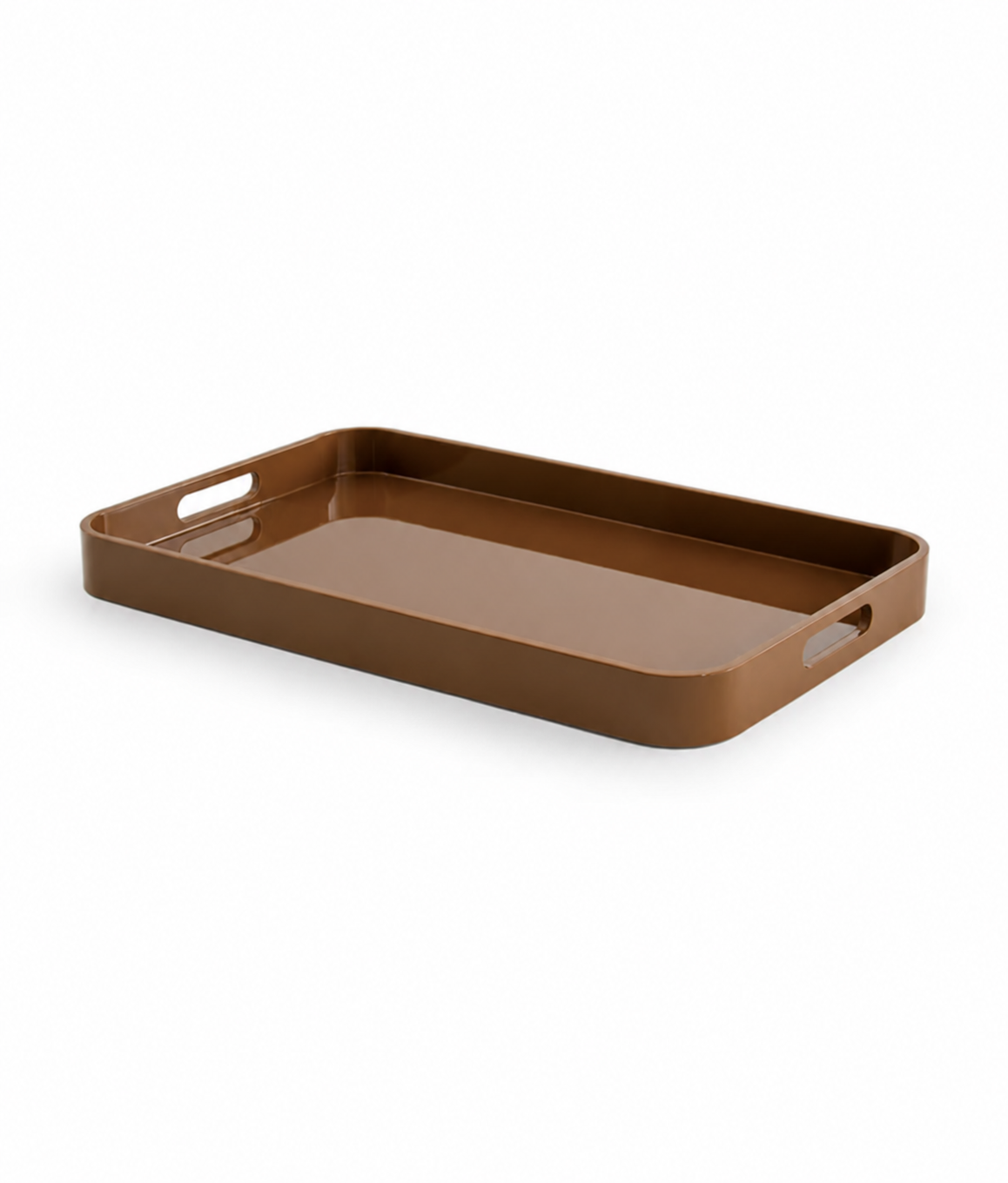Low side view of the AM.PM Barniz large khaki lacquered serving tray showing its raised edges and two cut-out handles.
