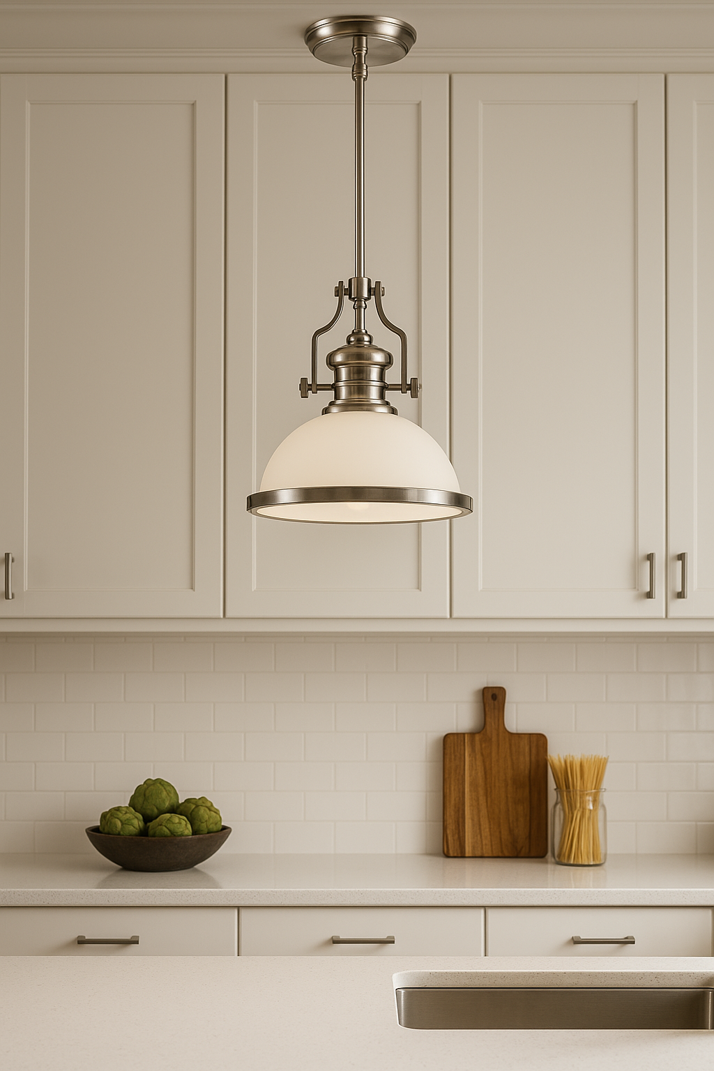 ELK Chadwick polished nickel pendant light styled above a modern kitchen island