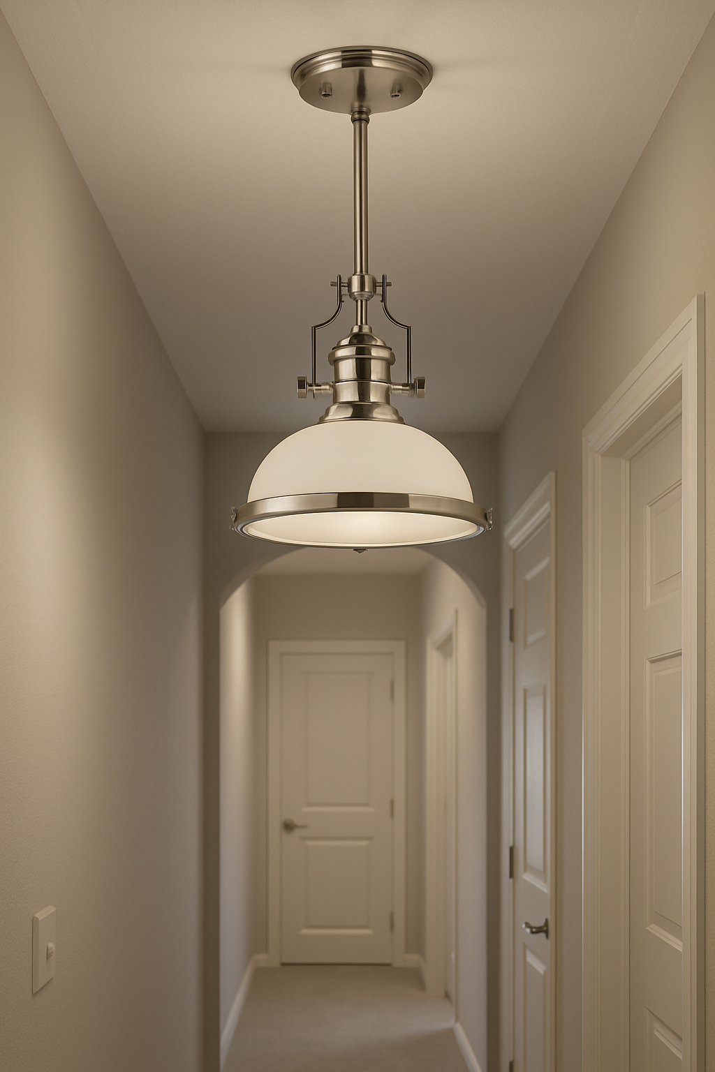 Front view of ELK Chadwick single pendant light with polished nickel frame and round frosted glass shade