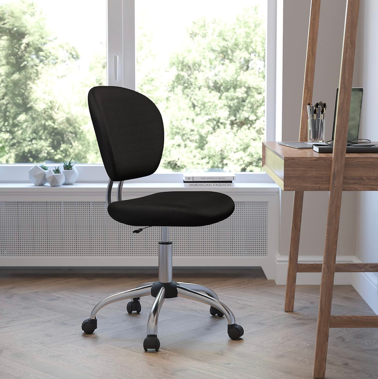 Flash Furniture black mid-back mesh swivel task office chair with padded seat, armless design and chrome-effect base