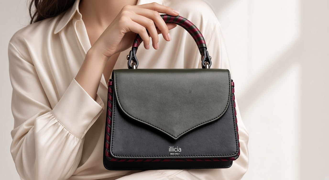 Woman holding ILLICIA London Celina 2.0 Kale Green and Black leather top handle handbag made in Italy