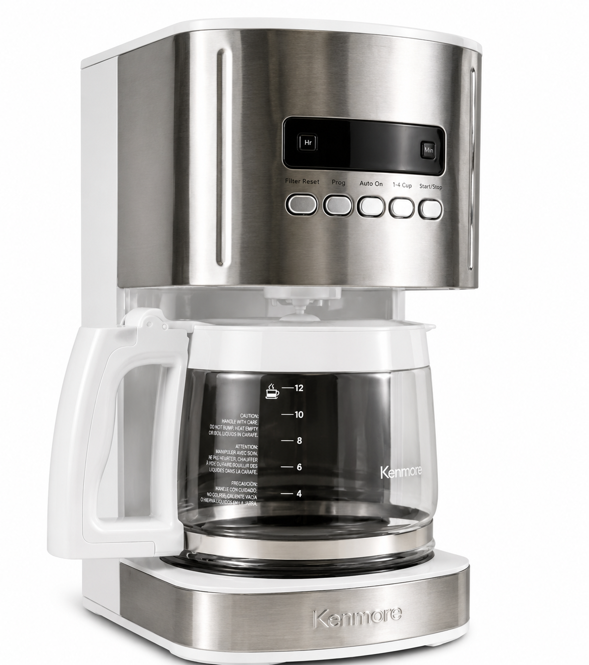 Front view of the Kenmore 12 Cup Programmable Filter Coffee Machine in white and stainless steel with a 1.8L glass carafe, programmable LCD timer, Aroma Control brewing technology and reusable filter. Ideal for home kitchens and offices.