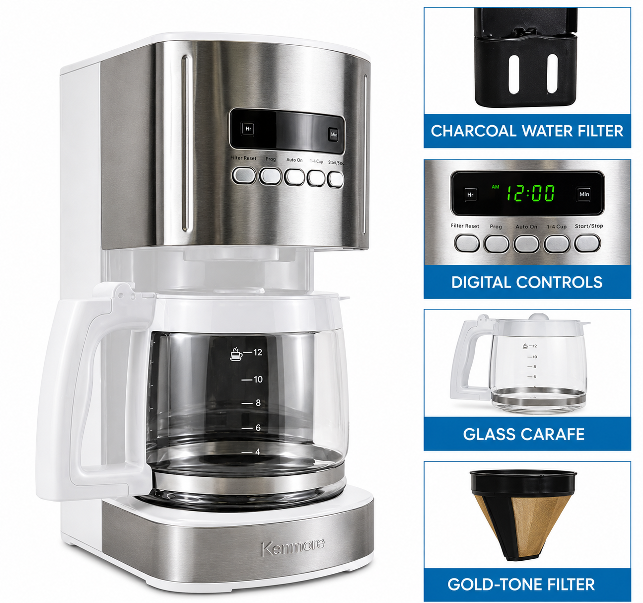 Feature overview image of the Kenmore 12 Cup Programmable Filter Coffee Machine highlighting the programmable digital controls, glass carafe, reusable gold-tone coffee filter and charcoal water filter. Designed to showcase the premium brewing features that deliver cleaner water, richer coffee flavour and convenient everyday use.