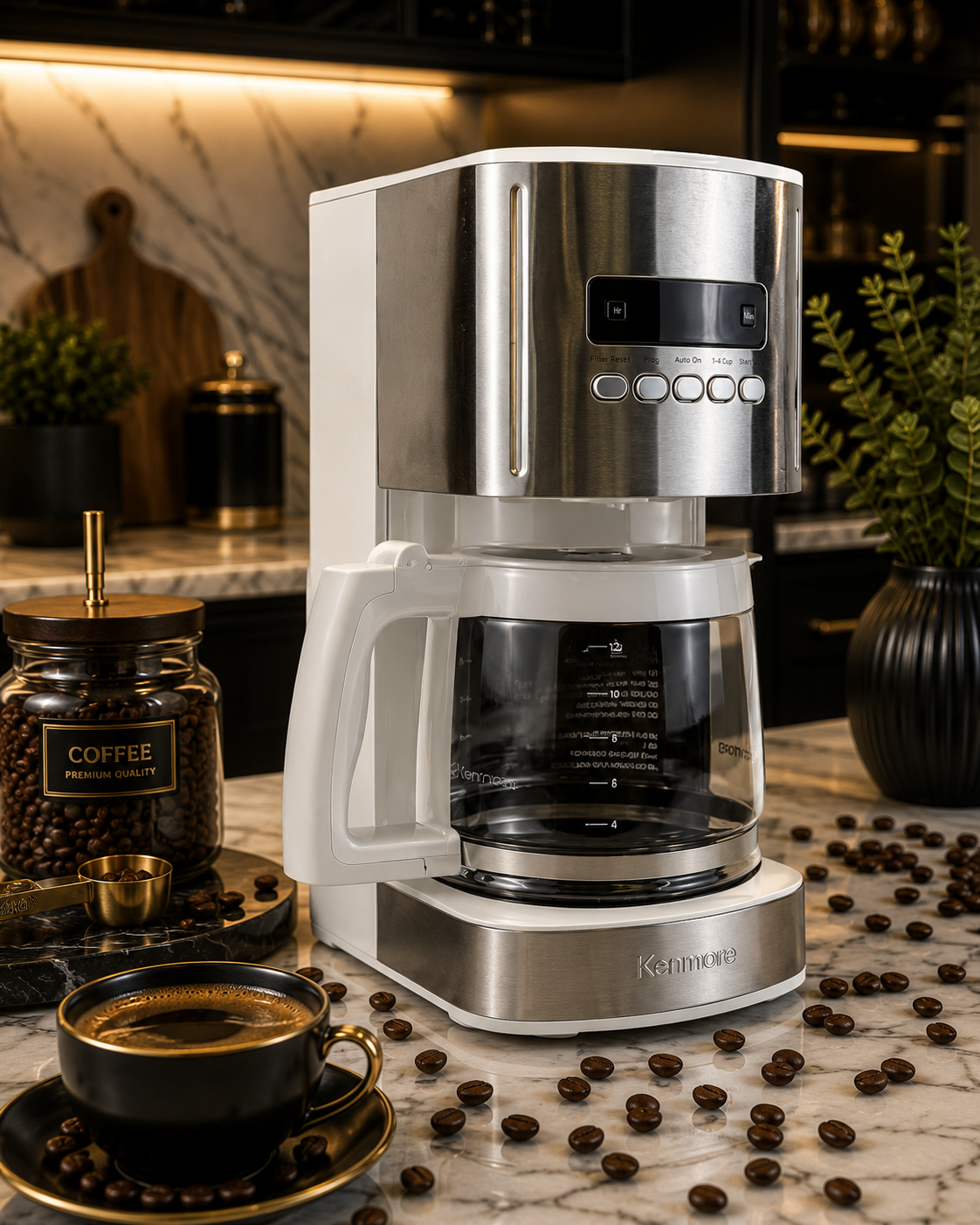 Lifestyle image of the Kenmore 12 Cup Programmable Filter Coffee Machine in a modern luxury kitchen featuring fresh coffee beans, a cup of brewed coffee and a premium coffee jar. Highlights the machine's elegant white and stainless steel design, ideal for home kitchens and coffee lovers.