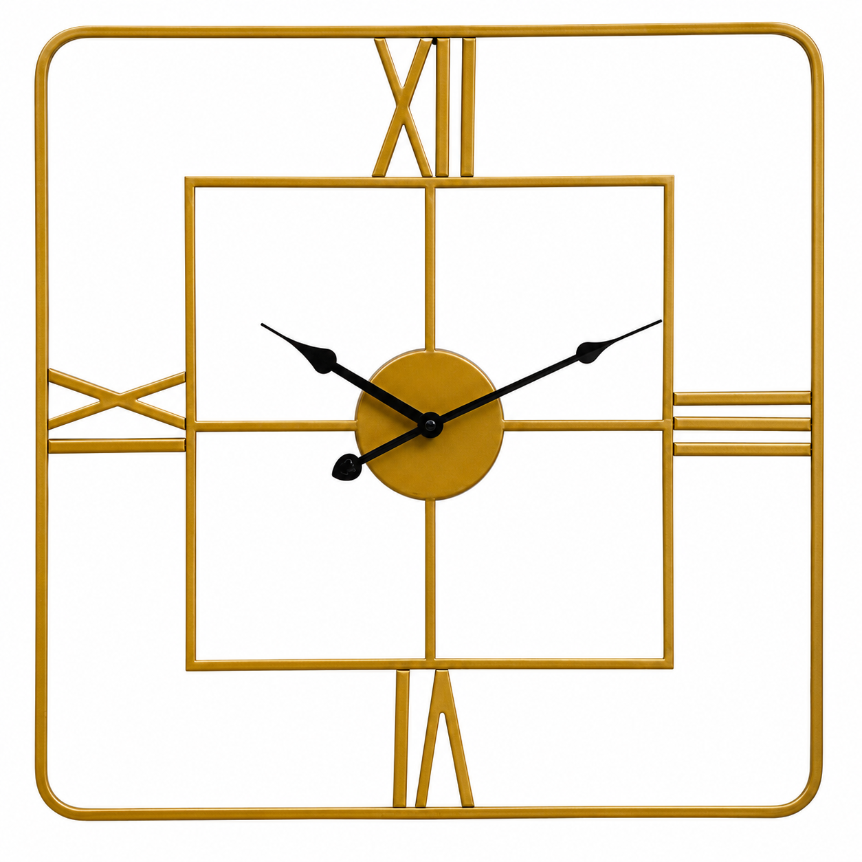 Kent Small Gold Finish Square Wall Clock by Fifty Five South featuring a luxury gold metal square frame, Roman numerals and black spade hands for modern home décor.
