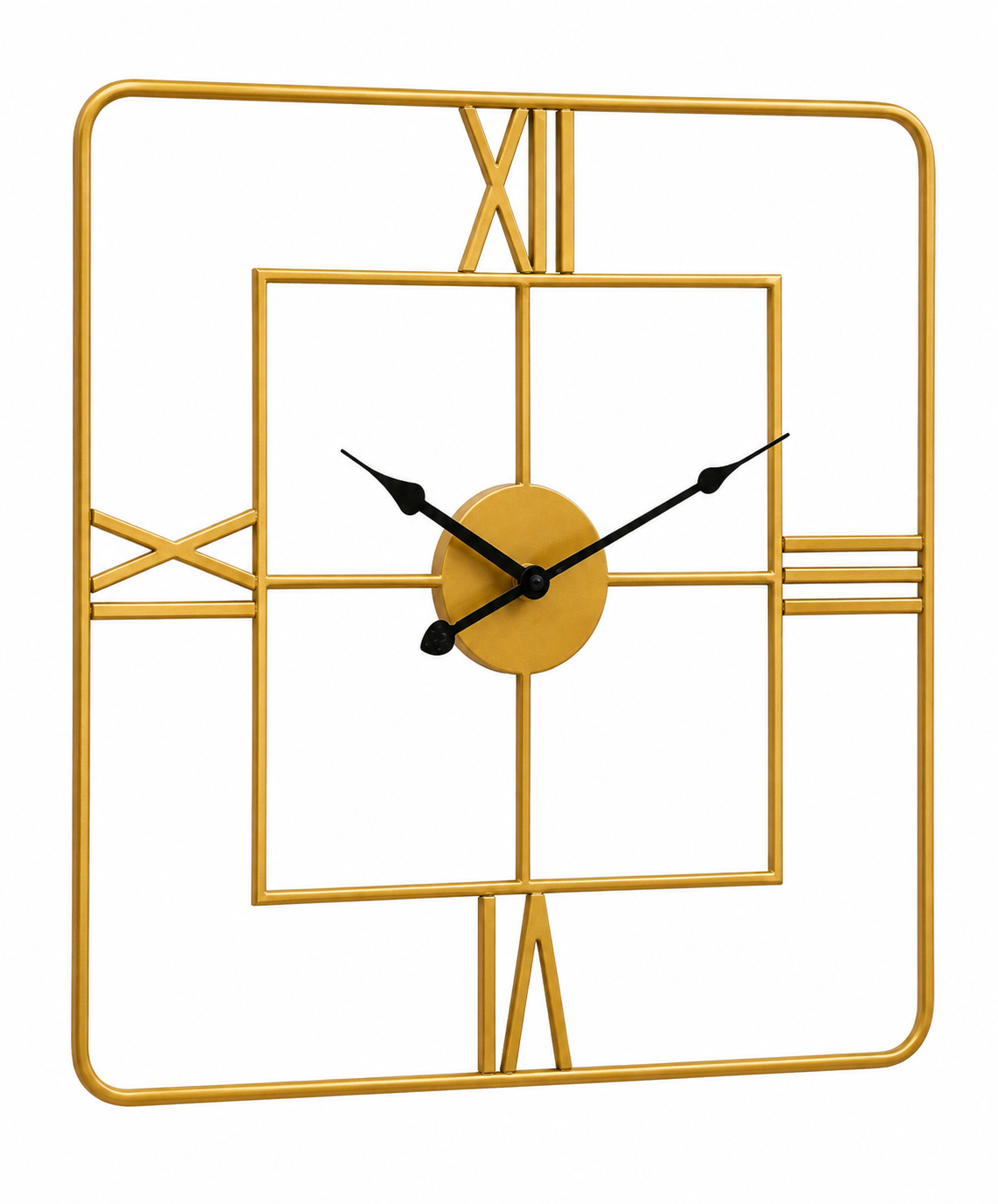 Angled view of the Kent Small Gold Finish Square Wall Clock by Fifty Five South featuring a luxury gold metal frame, Roman numerals and black spade hands.