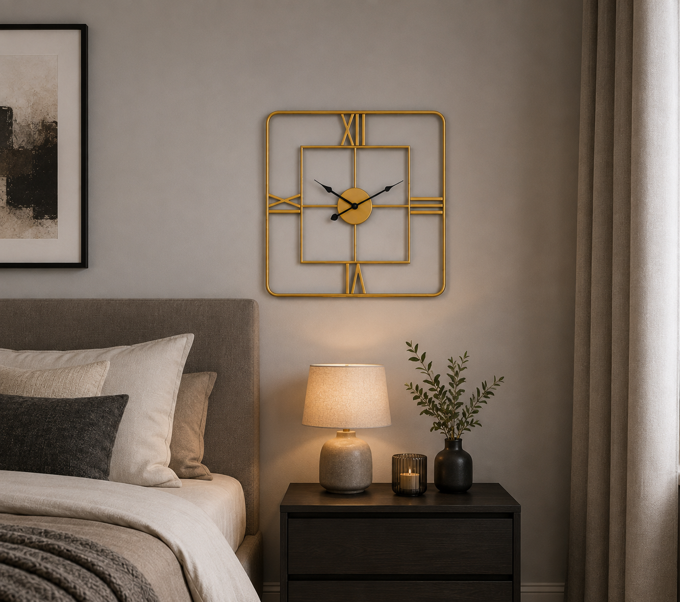 Kent Small Gold Finish Square Wall Clock displayed above a bedside table in a modern bedroom featuring a luxury gold metal frame with Roman numerals.