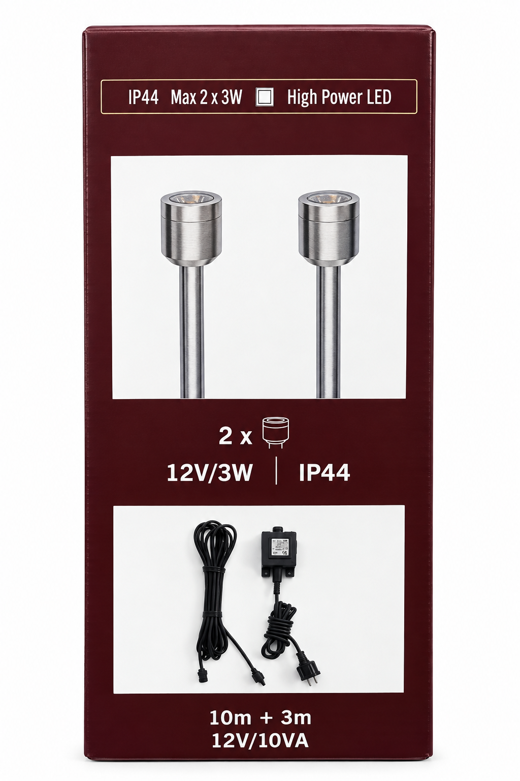 Rear view of the Konstsmide Monza 7965-000 LED garden spot light set packaging showing two 3W IP44 LED spotlights, 12V transformer, 10m connection cable and key product specifications.