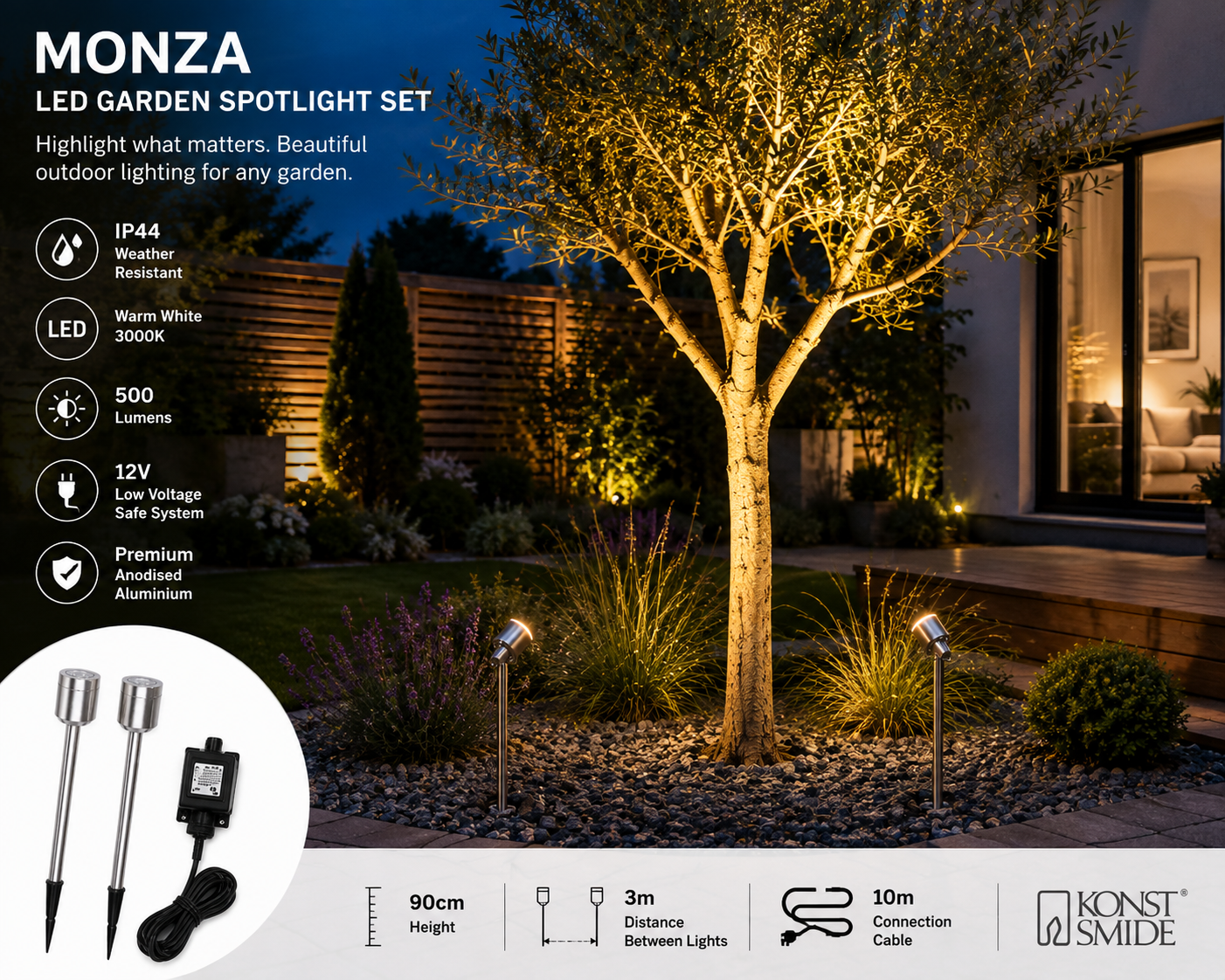 Konstsmide Monza LED garden spot light set illuminating a feature tree in a modern landscaped garden with warm white 3000K outdoor lighting, IP44 weather protection and 12V low-voltage transformer.
