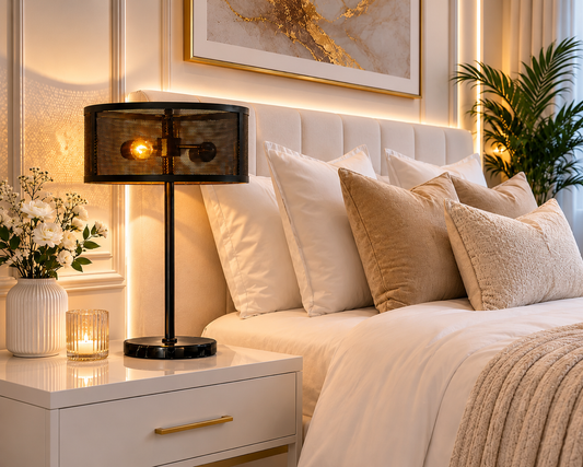 A modern black table lamp with a cylindrical shade and glowing bulb, placed on a white bedside table next to a neatly made bed with cream and beige pillows in a warm, stylish bedroom setting.