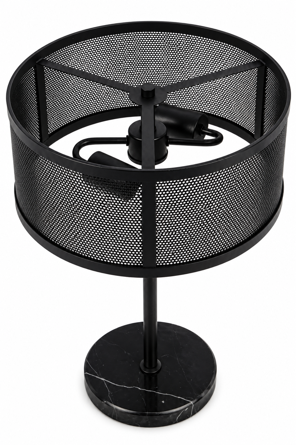 A black metal mesh table lamp with a circular shade, a central stand, and a round black marble-look base on a white background.