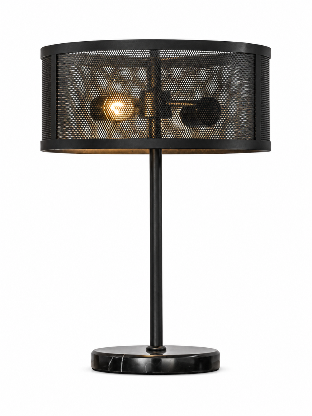 A modern table lamp with a black metal mesh drum shade, a slim black stem, and a round black marble base, shown lit against a plain white background.