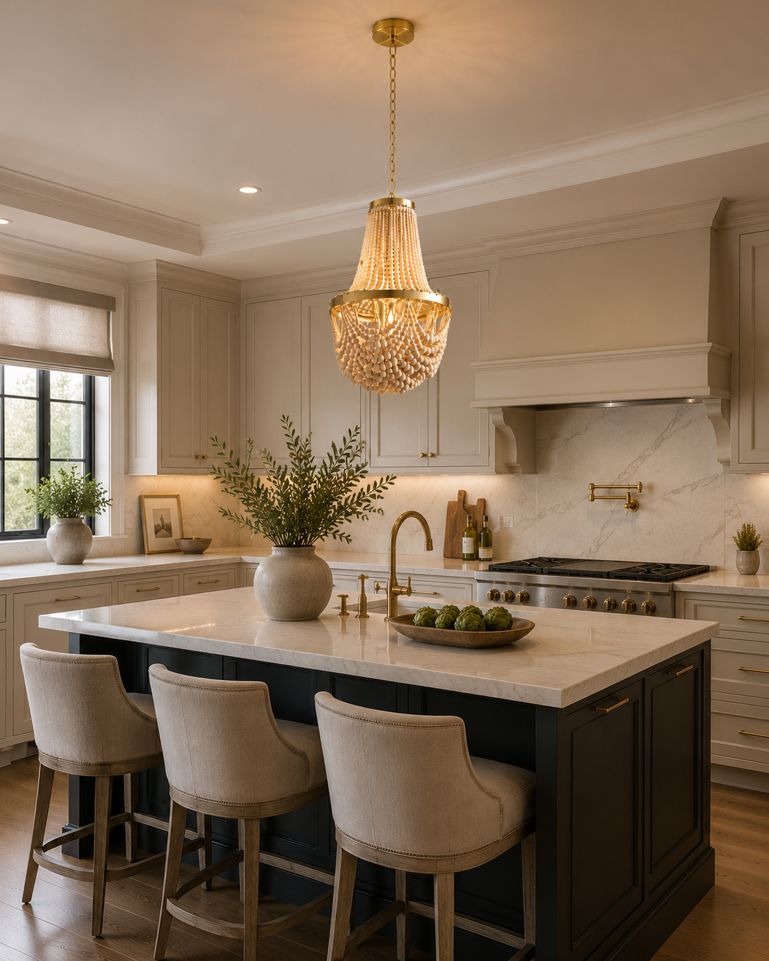 Large Miller Wooden Bead Chandelier Light – Rustic Wooden Ceiling Pendant with Gold Frame | E27 Hanging Light