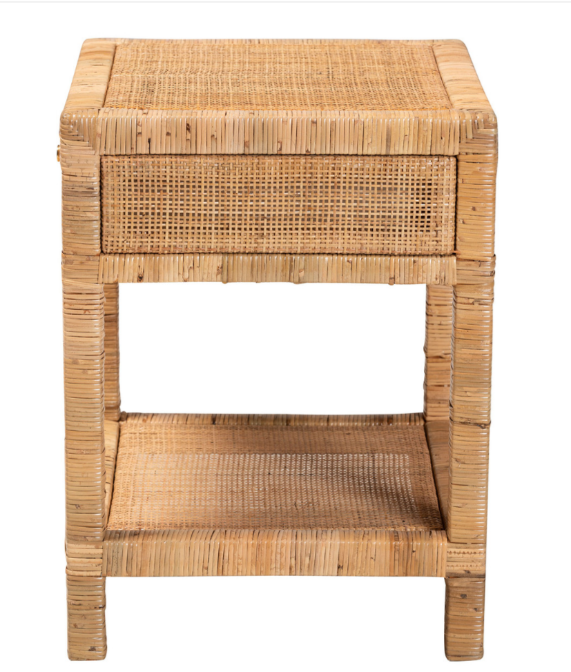 Bali & Pari Adelia Modern Bohemian Natural Rattan & Mahogany Wood 1-Drawer Nightstand