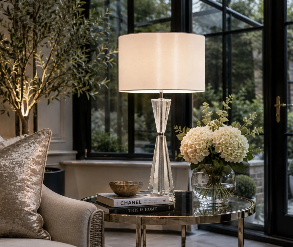 Risha 2 Light Crystal Table Lamp Polished Nickel with Ivory Shade | Luxury Designer Lighting