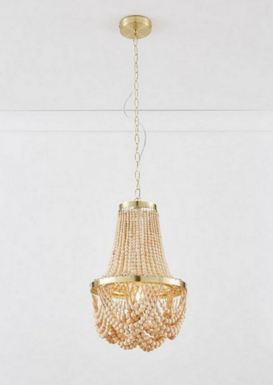 Large Miller Wooden Bead Chandelier Light – Rustic Wooden Ceiling Pendant with Gold Frame | E27 Hanging Light