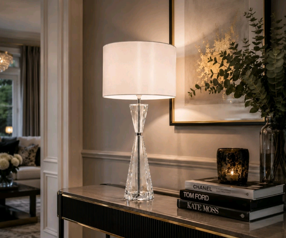 Risha 2 Light Crystal Table Lamp Polished Nickel with Ivory Shade | Luxury Designer Lighting