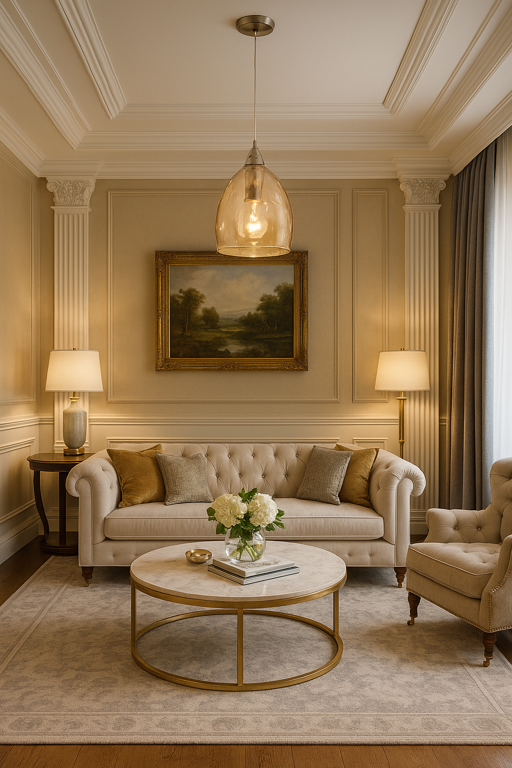 Victor 1-Light Pendant | Beige Dome Glass Shade | Satin Nickel Ceiling Light