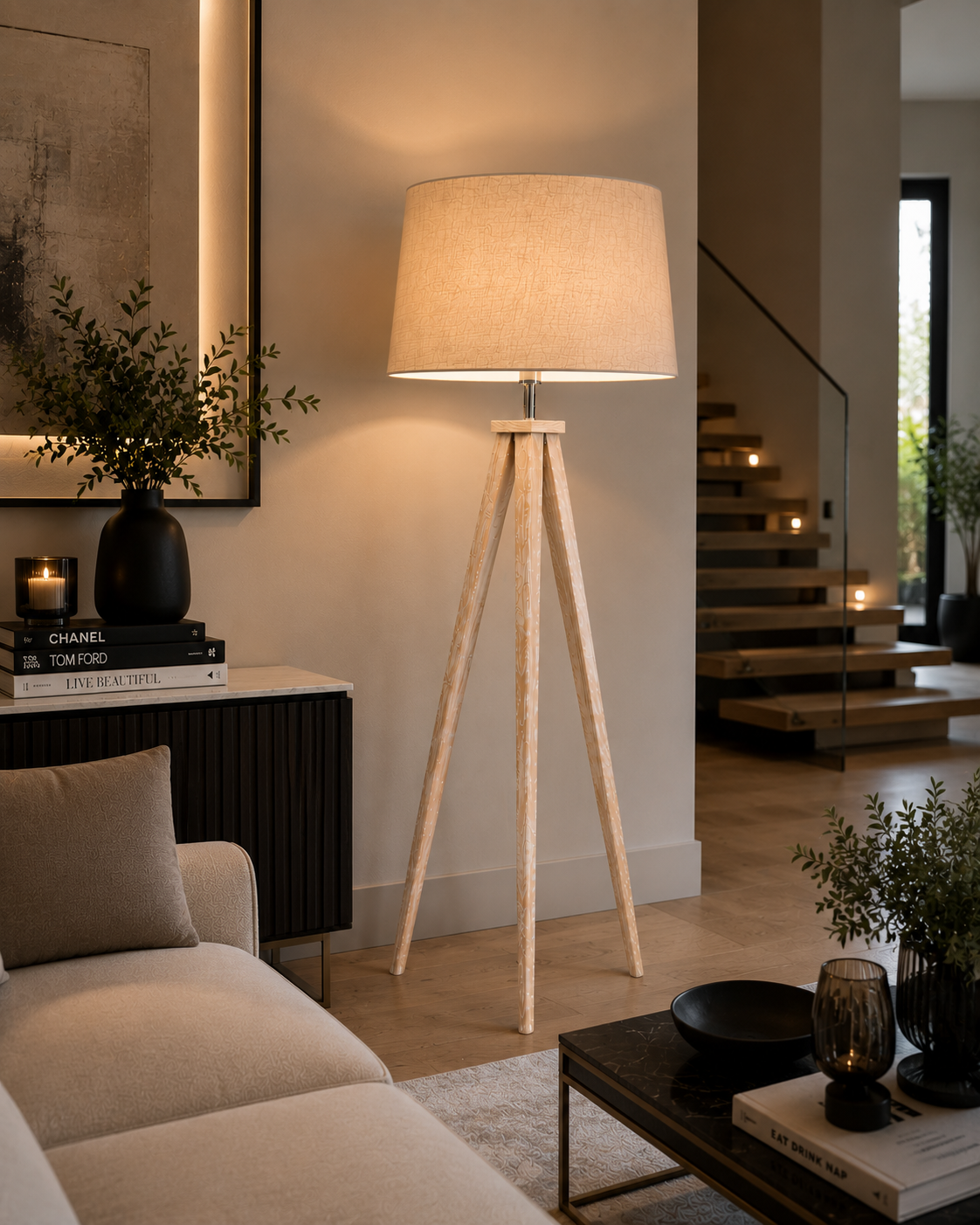 Aratus Grey Wooden Floor Lamp Base – Modern Pine Wood E27 Standing Lamp for Living Room & Bedroom