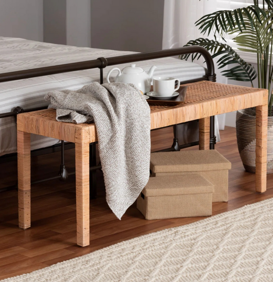 Baxton Studio Bali & Pari Abelia Modern Bohemian Natural Rattan and Mahogany Wood Long Accent Bench
