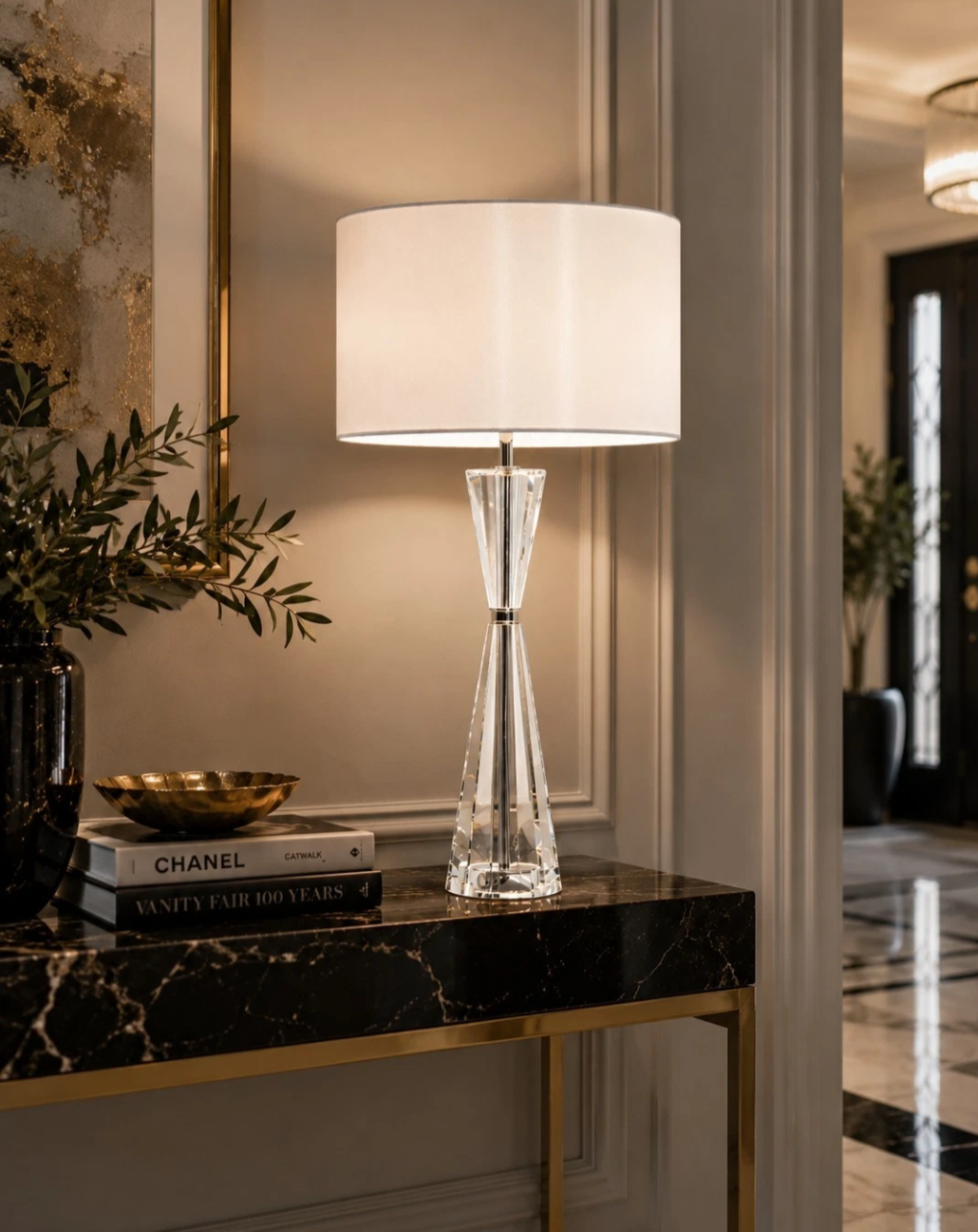 Risha 2 Light Crystal Table Lamp Polished Nickel with Ivory Shade | Luxury Designer Lighting