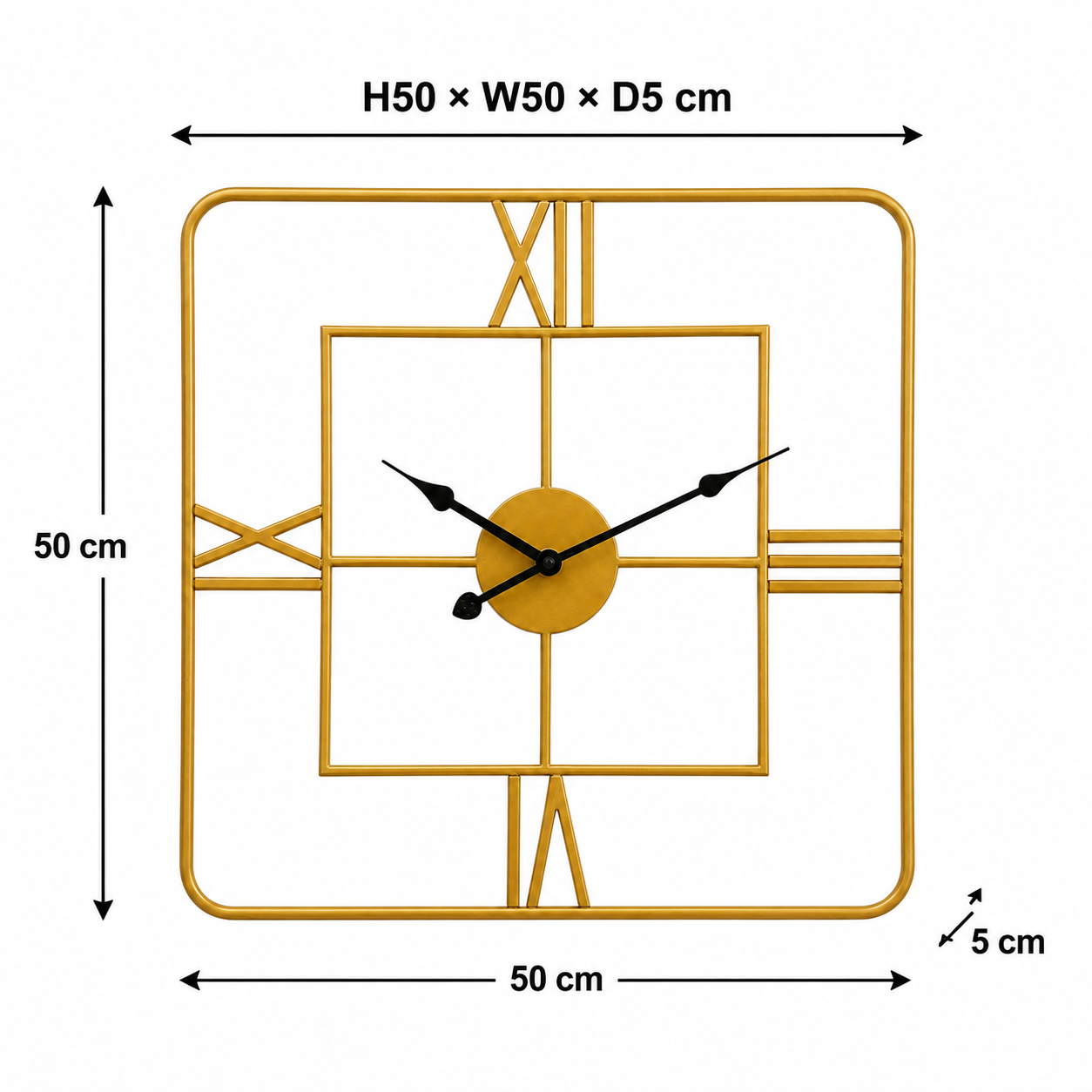 Kent Small Gold Finish Square Wall Clock 50cm Luxury Gold Metal Roman Numeral Modern Wall Clock