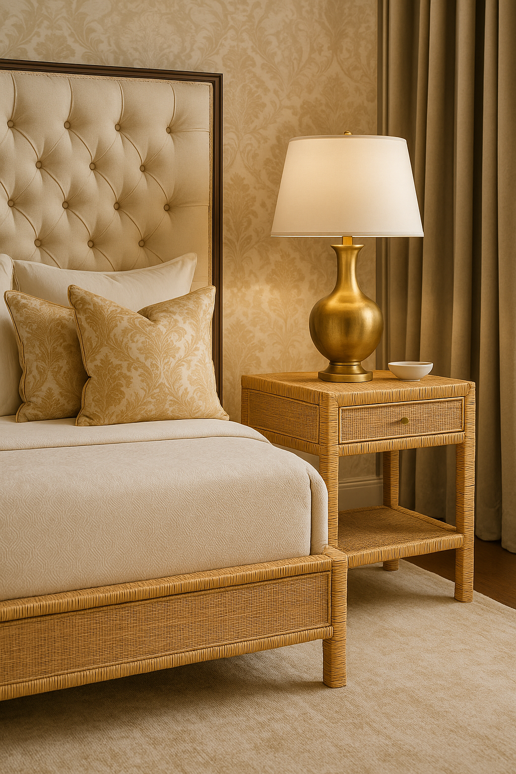 Nightstand – Bali & Pari Adelia Modern Bohemian Rattan & Mahogany Wood 1-Drawer