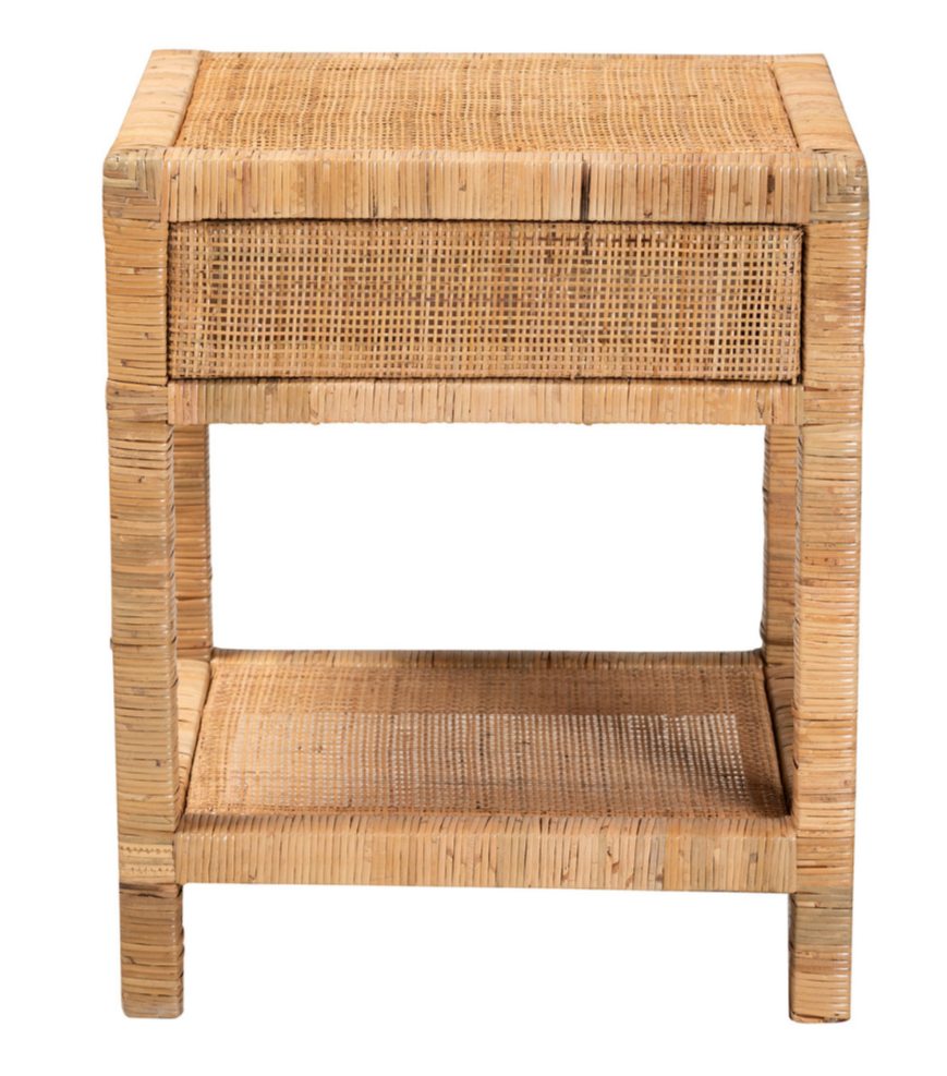 Nightstand – Bali & Pari Adelia Modern Bohemian Rattan & Mahogany Wood 1-Drawer