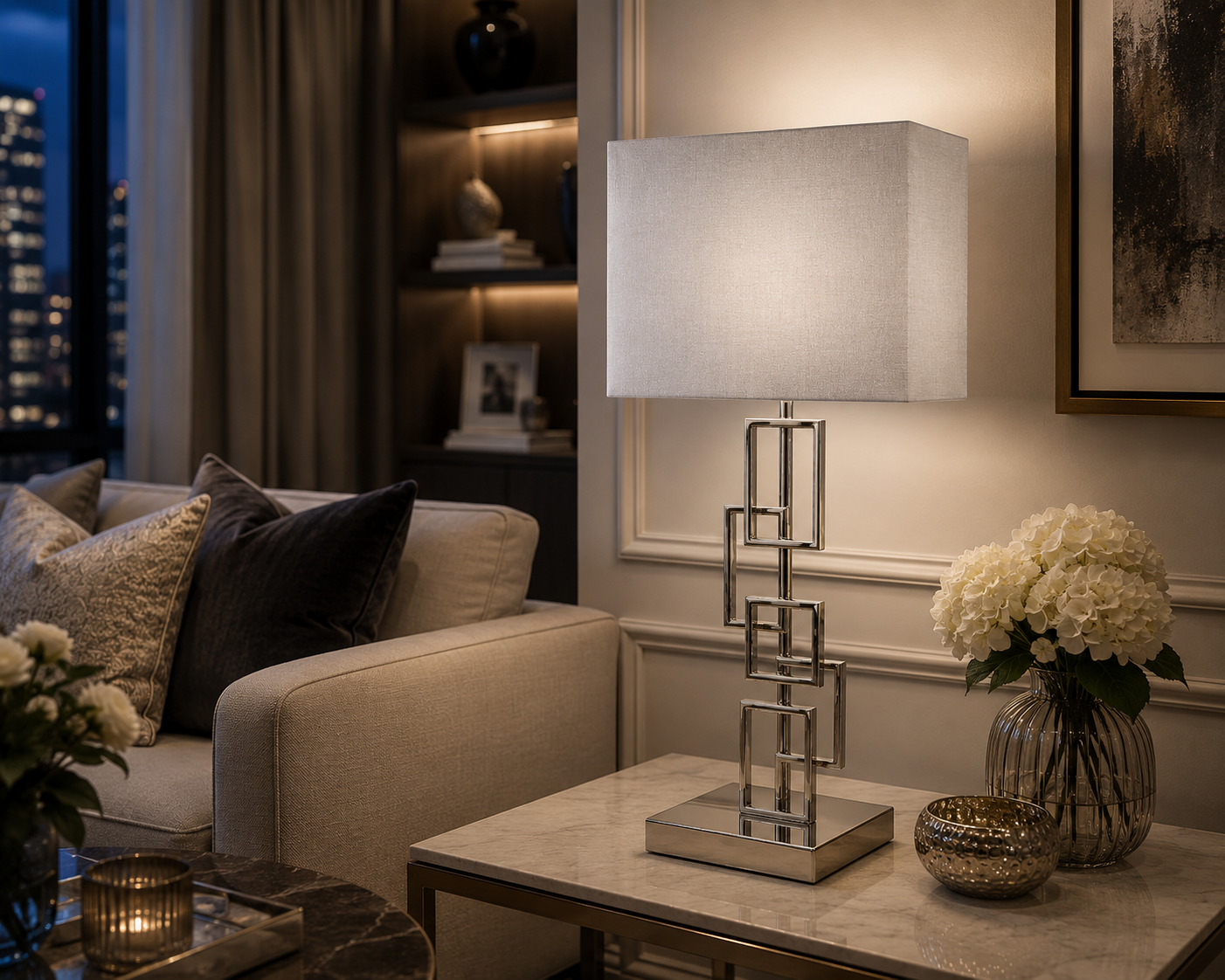 Laura Ashley Geometric Chrome Table Lamp | Luxury Modern Bedside & Living Room Lamp