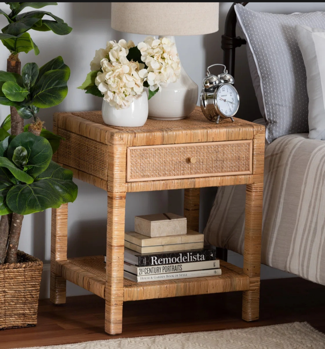 Nightstand – Bali & Pari Adelia Modern Bohemian Rattan & Mahogany Wood 1-Drawer
