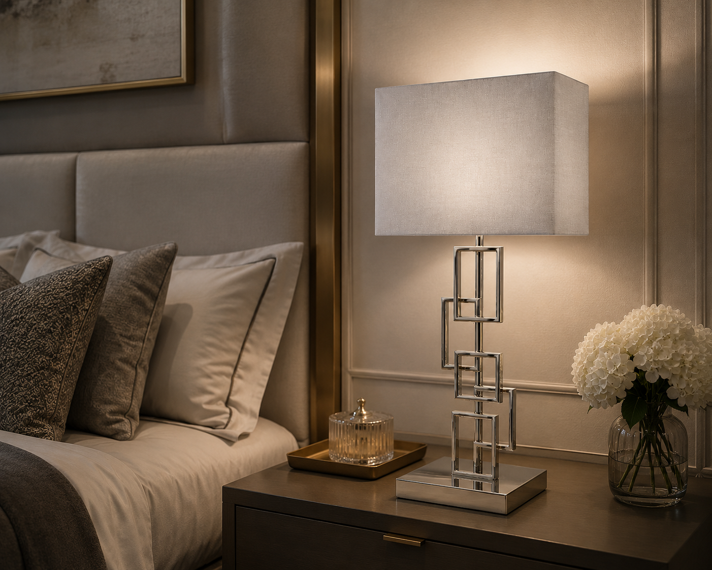Laura Ashley Geometric Chrome Table Lamp | Luxury Modern Bedside & Living Room Lamp